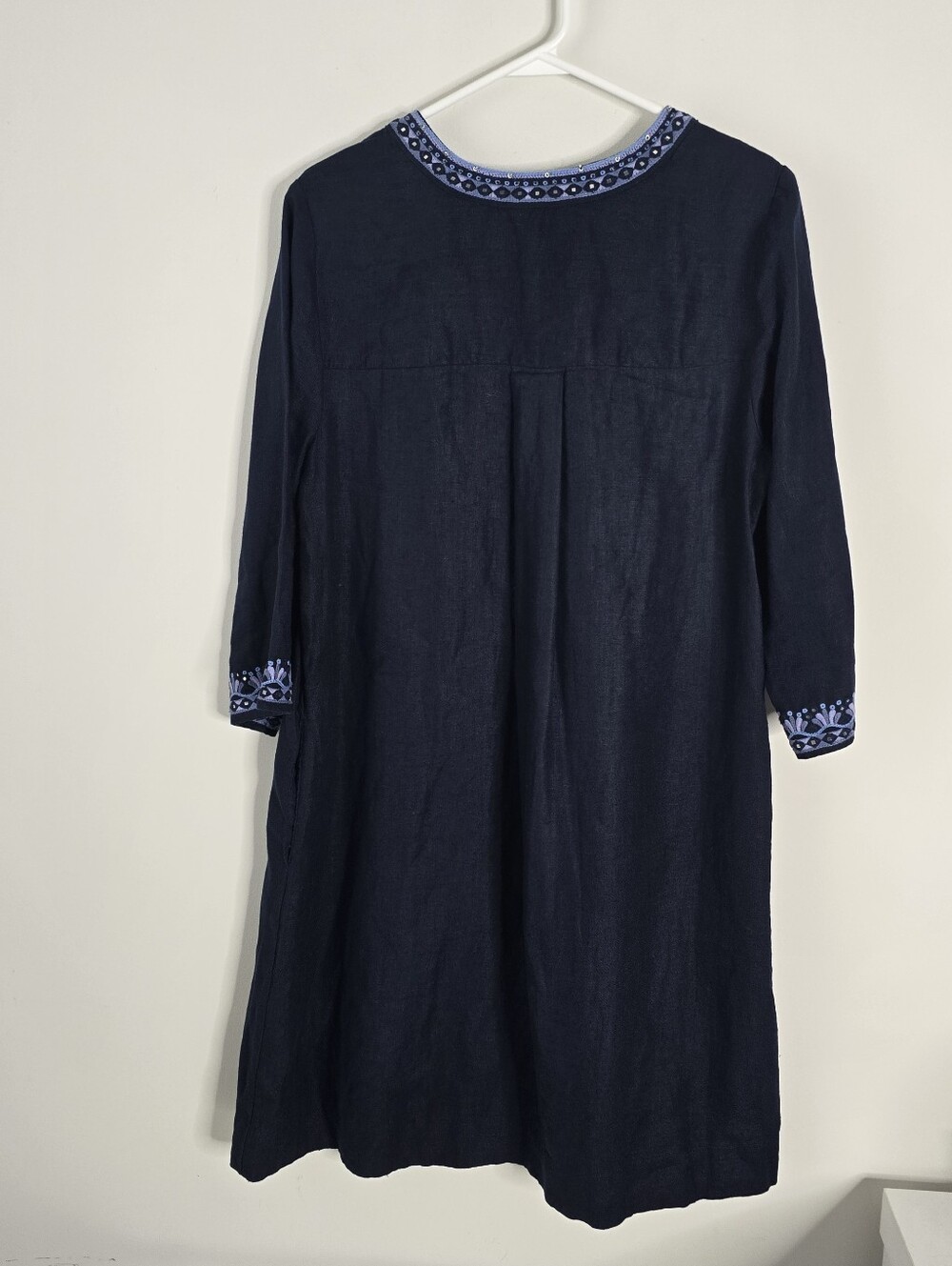 Chico's Navy Blue Embroidered Beaded Linen Tunic Dress Boho Size 1 US 8 Pockets - Picture 8 of 15